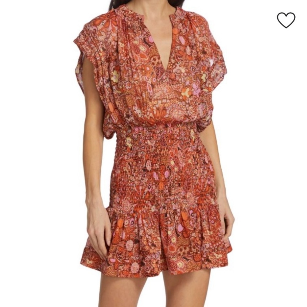 A.L.C. Carly Silk Orange Multi Color Floral Smoked Mini Ruffled Dress New NoTags